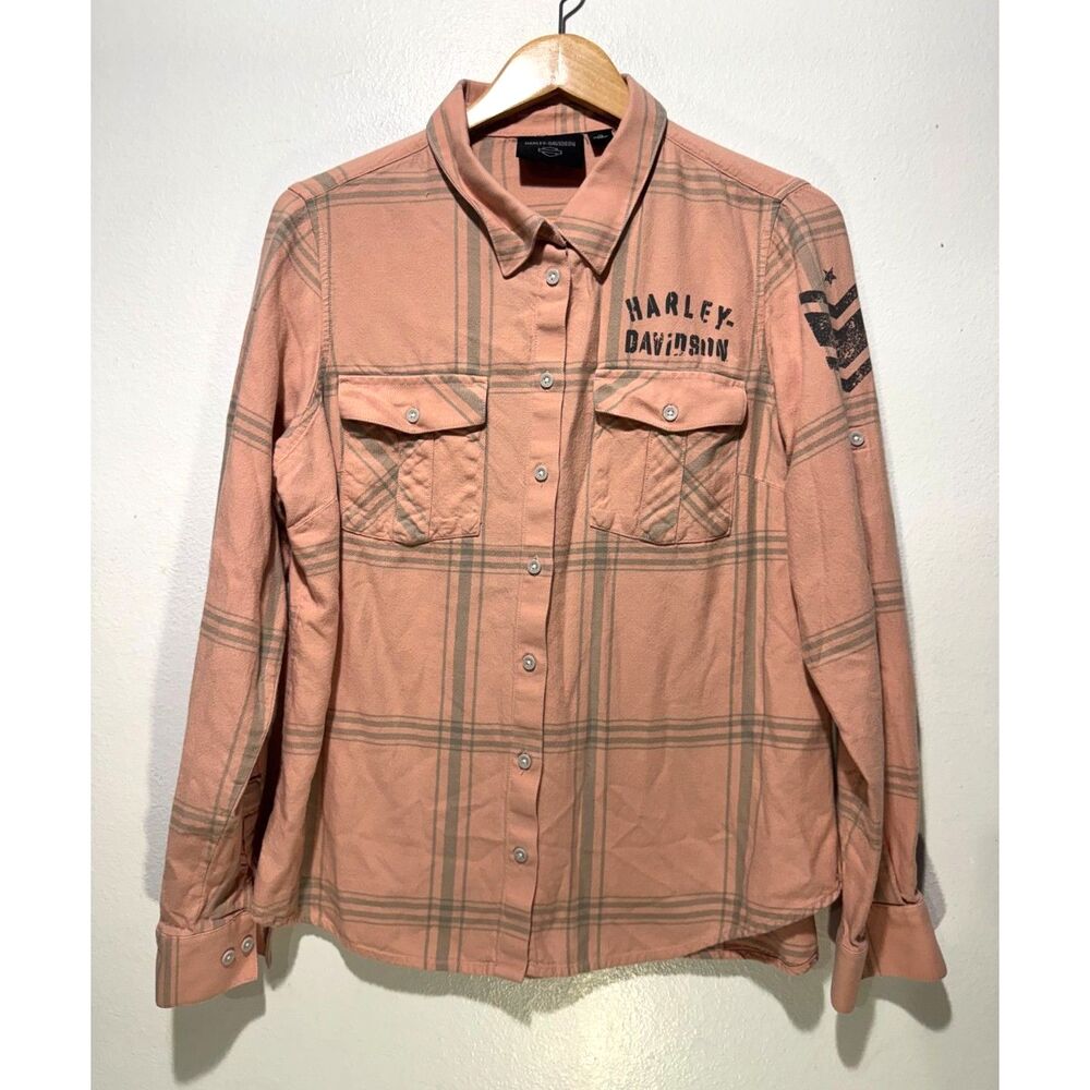 Harley Davidson flannel biker shirt outdoor plaid spring salmon orange women XL